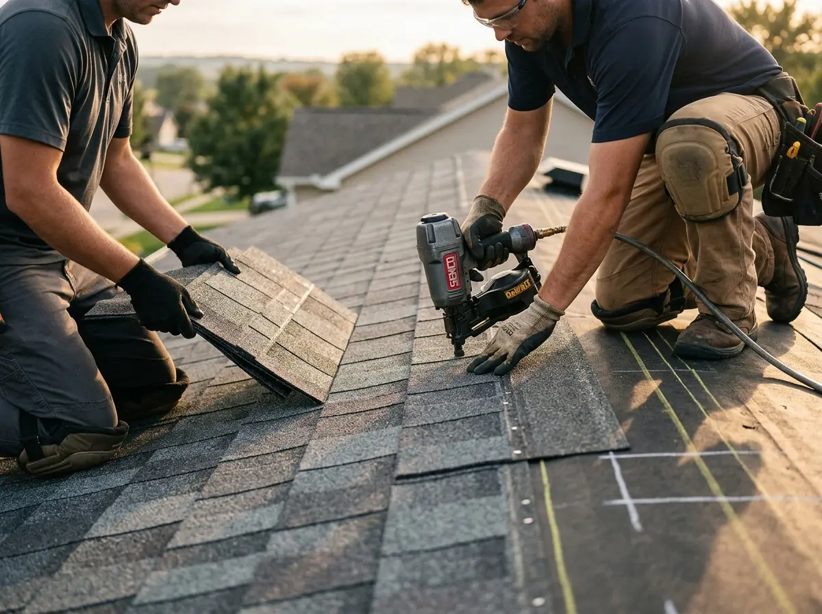 Professional roofer working on a residential roof in Arcadia
